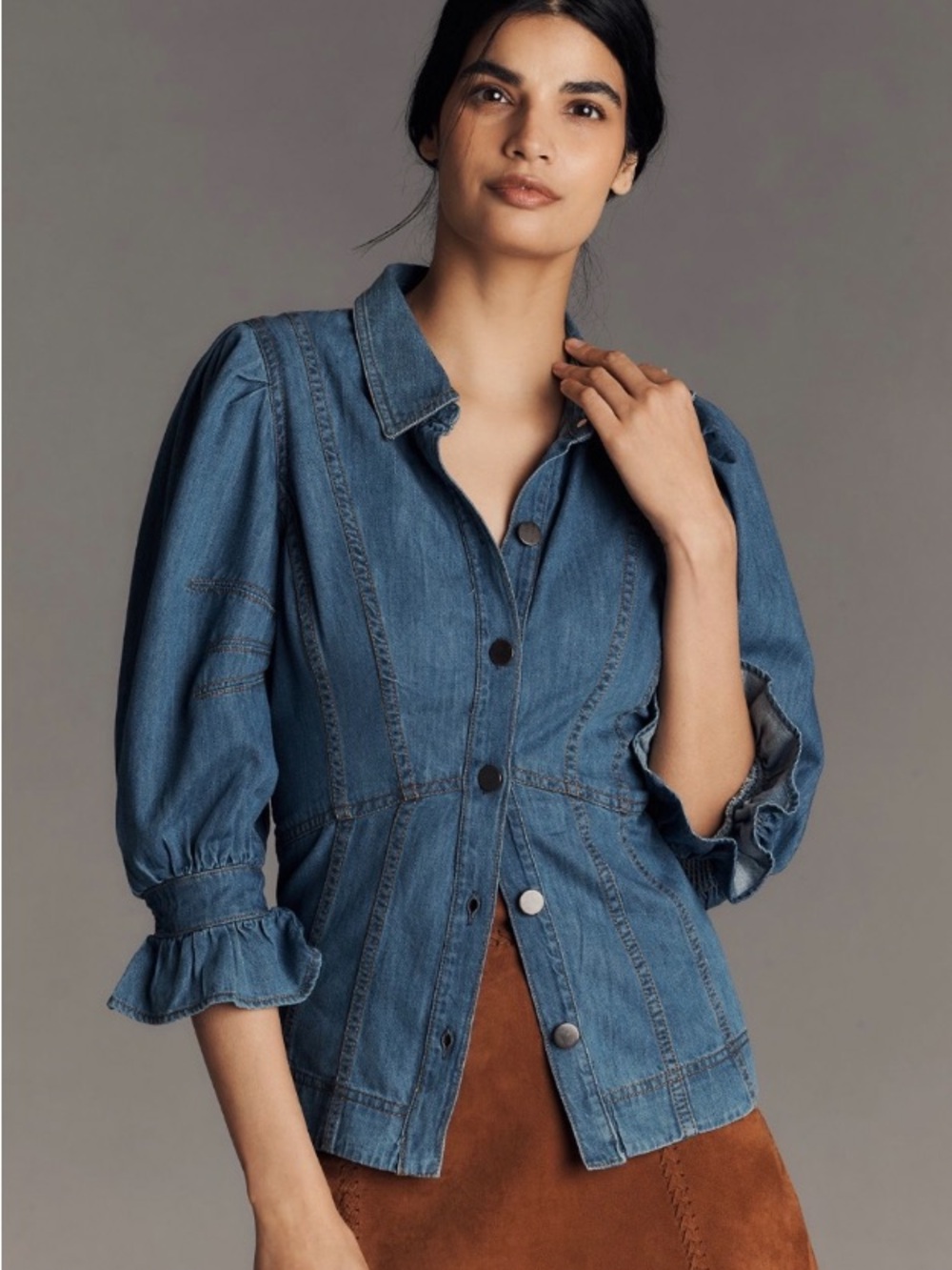 NWT Denim Button-Front Puff-sleeved Jacket in Medium Blue